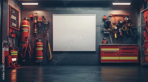 Fototapeta Naklejka Na Ścianę i Meble -  Interior of a fire station with tools and equipment displayed