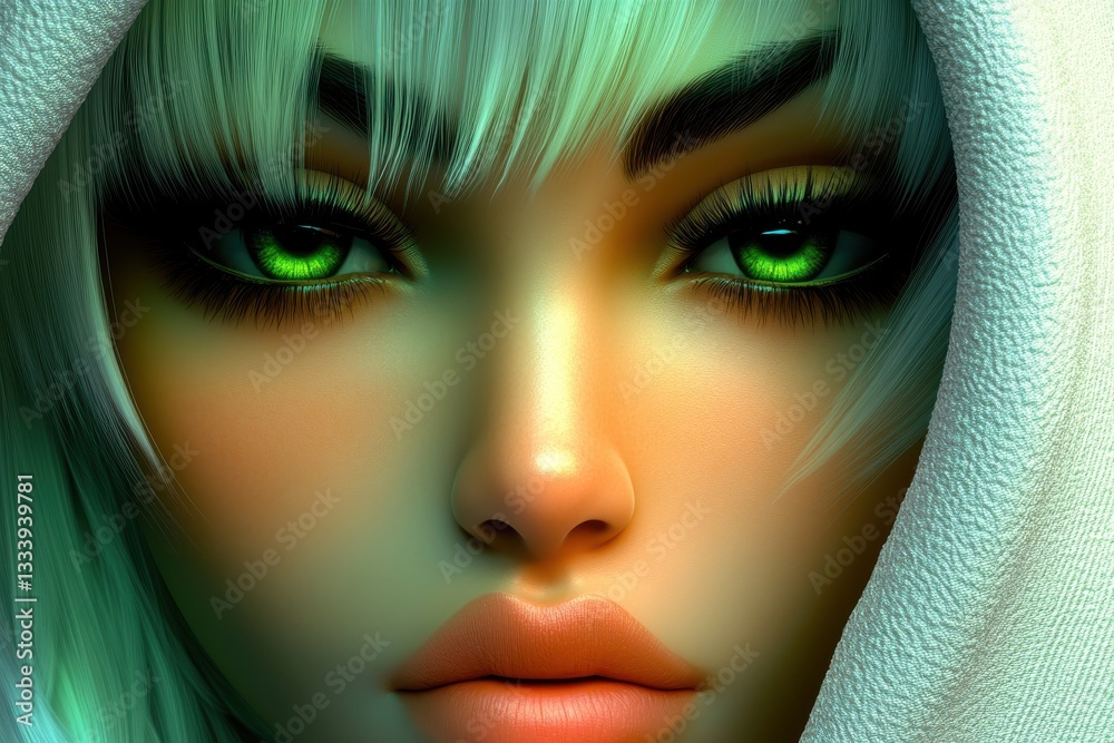 Captivating gaze of a mystical figure with glowing green eyes and silky white hair, captured in soft lighting Captivating gaze of a mystical figure with glowing green eyes and silky white hair, captured in soft lighting
