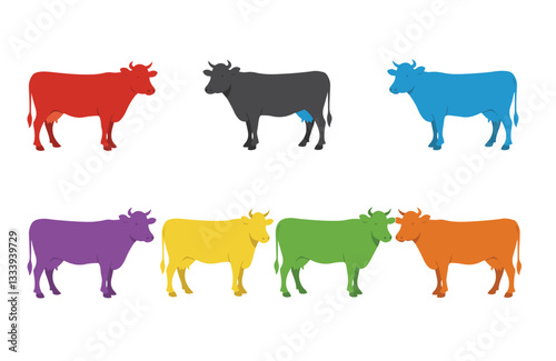 Farm livestock dairy cow collection with black and white spotted cows grazing walking and jumping in rural countryside

