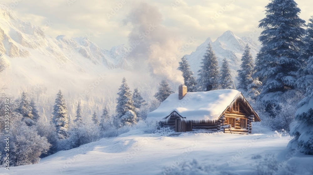 Snow Covered Cabin Nestled In A Mountainous Winter Wonderland Snow Covered Cabin Nestled In A Mountainous Winter Wonderland