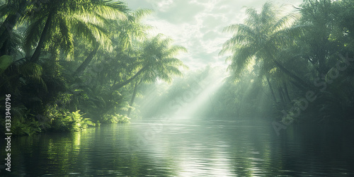 Lush rainforest river with sunlight streaming through palm trees