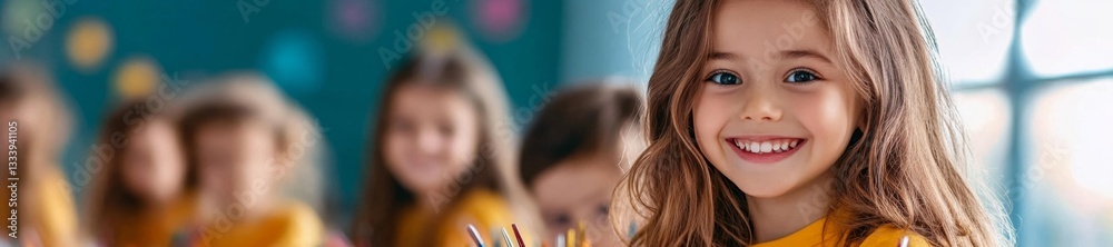 Happy children smiling and painting in a creative arts class. Generative AI Happy children smiling and painting in a creative arts class. Generative AI