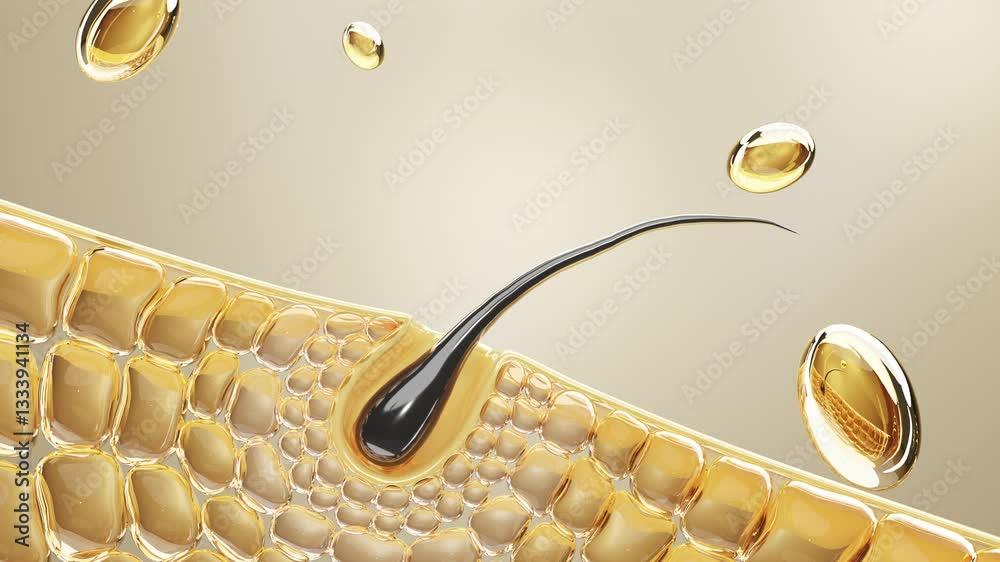 3D animation of a hair follicle absorbing nutrient-rich oil, representing deep nourishment, hydration, and scalp health for stronger, shinier, and healthier hair.