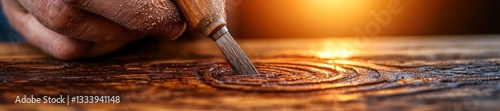 Close-up of an artisan carving a woodblock with traditional techniques. Generative AI photo