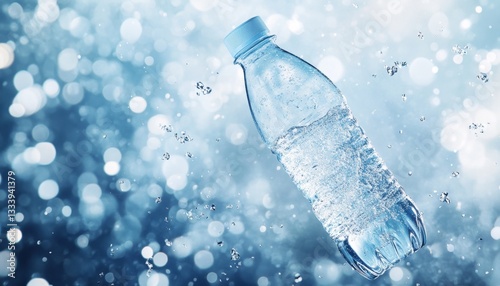 Water bottle in mid-air splash, bokeh background