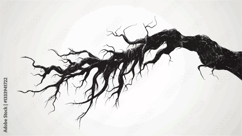 Obraz premium The image is a vector illustration of a single, large tree branch depicted in black against a light gray background. The branch is heavily gnarled and twisted, with numerous smaller branches