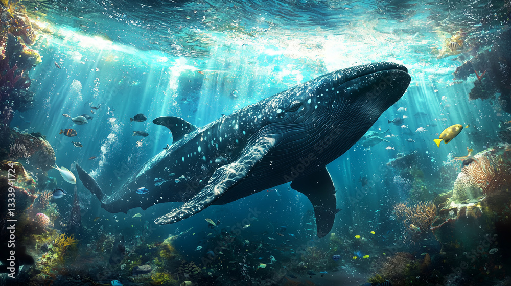 Fototapeta premium Glowing sea creature drifting in deep waters, a serene underwater encounter revealing nature's hidden wonders.