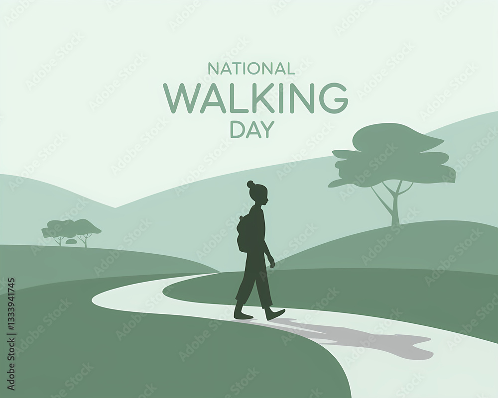 Obraz premium Woman hiking on a scenic trail celebrating National Walking Day. A serene illustration of a person hiking on a winding path through a grassy landscape on National Walking Day.