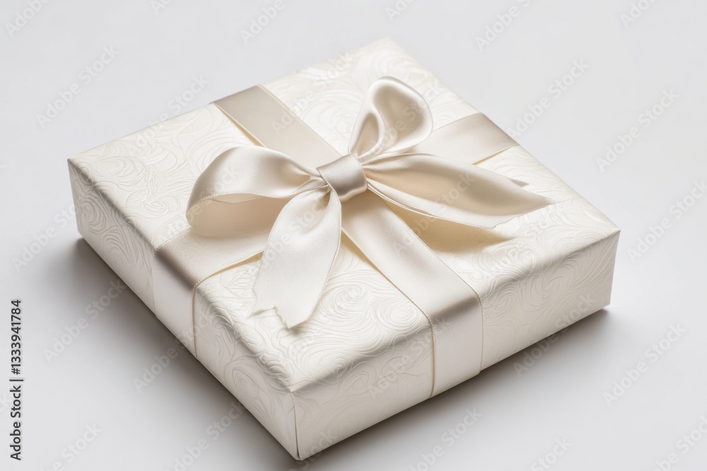 Fototapeta premium Elegant white box, ivory ribbon bow, textured paper, invitation presentation.