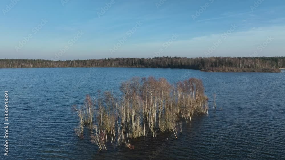 Approaching aerial view of small island submerged in Lake Karujärv due to high water levels. Saaremaa, Estonia. Approaching aerial view of small island submerged in Lake Karujärv due to high water levels. Saaremaa, Estonia.