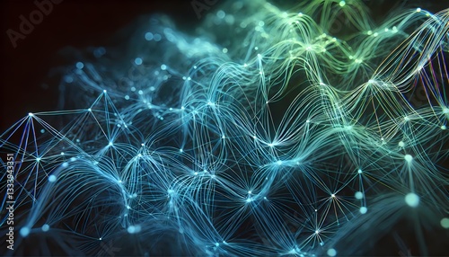 Neon glowing threads forming an intricate web in blue and green, creating an abstract background and wallpaper