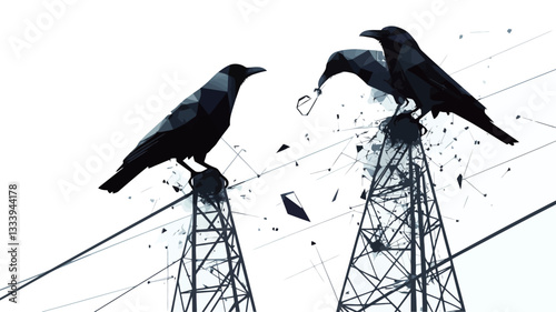 The image is a stylized, monochrome illustration depicting two crows perched on separate, partially fragmented electricity transmission towers. The crows are rendered in a dark silhouette against a