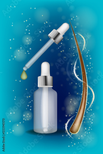 Hair Growth Serum with Dropper and Healthy Hair Strand. Professional Mockup Hair Growth and Repair Elixir. Hair treatment and Hair care Concept
