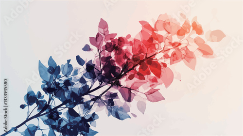 Close-up image of a stylized floral branch. The leaves exhibit a gradient color transition from cool blues and purples on one side to warm reds and pinks on the other.  The image is softly focused,