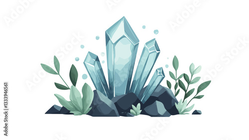 Digital illustration depicting a cluster of stylized, light blue crystals emerging from dark grey rocks.  The crystals are rendered with a watercolor-like effect, showcasing varying facets and