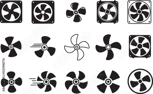 Set of fan propeller icon, vector. Silhouette of Computer cooling device. Electrical temperature equipment. Cooling fan elements. Vector illustration.