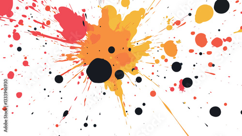 Close-up image of a vibrant paint splatter on a white background. The splatter consists primarily of red, orange, and yellow paint, with some black accents. The paint is unevenly distributed,
