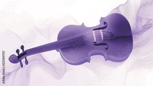 High-angle, close-up view of a purple violin lying on a softly draped white fabric. The violin is the central focus, occupying most of the frame.  The fabric is smooth with gentle folds and