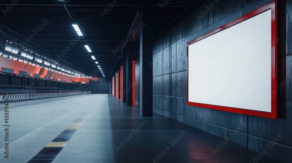 Interior view of a modern subway station with blank signage Interior view of a modern subway station with blank signage