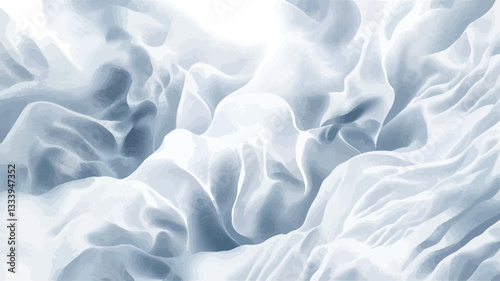 Close-up shot of a white and light blue fabric with deep folds and drapes. The image features a high contrast between light and shadow, creating a three-dimensional effect. The fabric appears soft