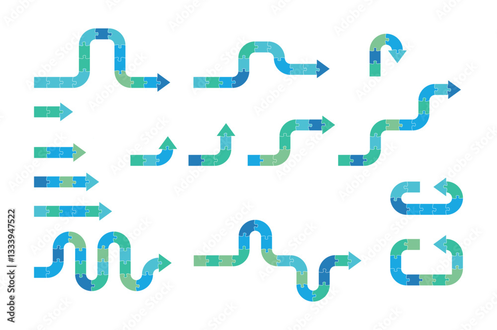 Set of arrows. Jigsaw puzzle arrow for infographics. Direction steps concept. Turn, cycle, straight direction, snake movement. Set of arrows. Jigsaw puzzle arrow for infographics. Direction steps concept. Turn, cycle, straight direction, snake movement.
