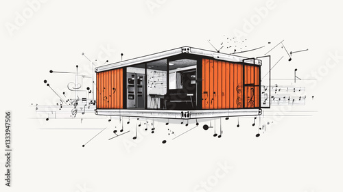A 3D rendering of an architectural sketch depicts a small, rectangular building constructed from a modified shipping container. The container is primarily orange with black and white accents
