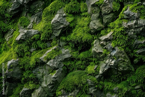 Lush Green Moss Thriving on Rugged Dark Grey Rocks: A Vibrant Display of Nature's Resilience in a Wild, Untamed Setting, Showcasing the Beauty of Natural Textures and Colors.