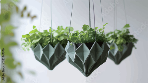 Close-up shot of three identical geometric hanging planters. The planters are a muted teal or green color with a folded, origami-like design. Each planter contains lush green plants, possibly