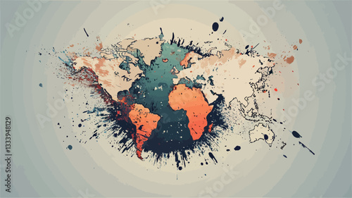 A stylized world map is depicted in a central position, rendered in muted earth tones with hints of orange and teal.  The map is surrounded by a dynamic array of ink splatters in various sizes and