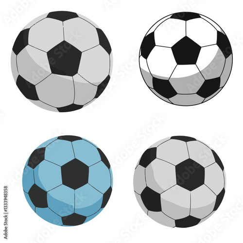 Set Sports Ball Collection Featuring Classic Soccer Ball Styles with Black and White Football Design in Different Angles and Details
