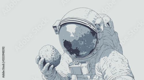 A stylized monochrome illustration of an astronaut in a spacesuit holding a moon rock. The image is predominantly in shades of grey and white, with a minimalist style. The astronaut's face is