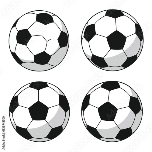 Set Sports Ball Collection Featuring Classic Soccer Ball Styles with Black and White Football Design in Different Angles and Details
