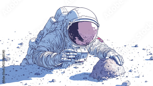 A digital illustration depicts an astronaut in a spacesuit crouched on a desolate, light-grey lunar-like surface.  The astronaut is rendered in cool blue and white tones using a line drawing style