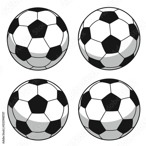 Set Sports Ball Collection Featuring Classic Soccer Ball Styles with Black and White Football Design in Different Angles and Details
