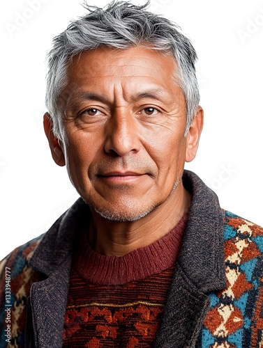 Portrait of Native American Man with Short Silver Hair Wearing Traditional Headdress