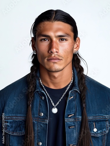 Portrait of Native American Man with Silver Studs and Denim Jacket