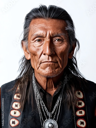 Portrait of Native American Man with Striking Features Strong Cheekbones Silver Jewelry
