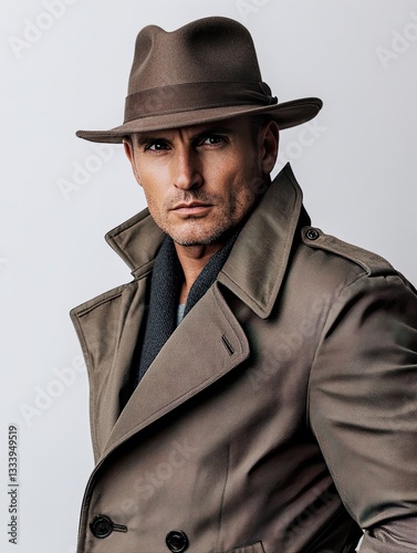 Stylish Man in Fedora and Trench Coat Classic Urban Fashion Photography