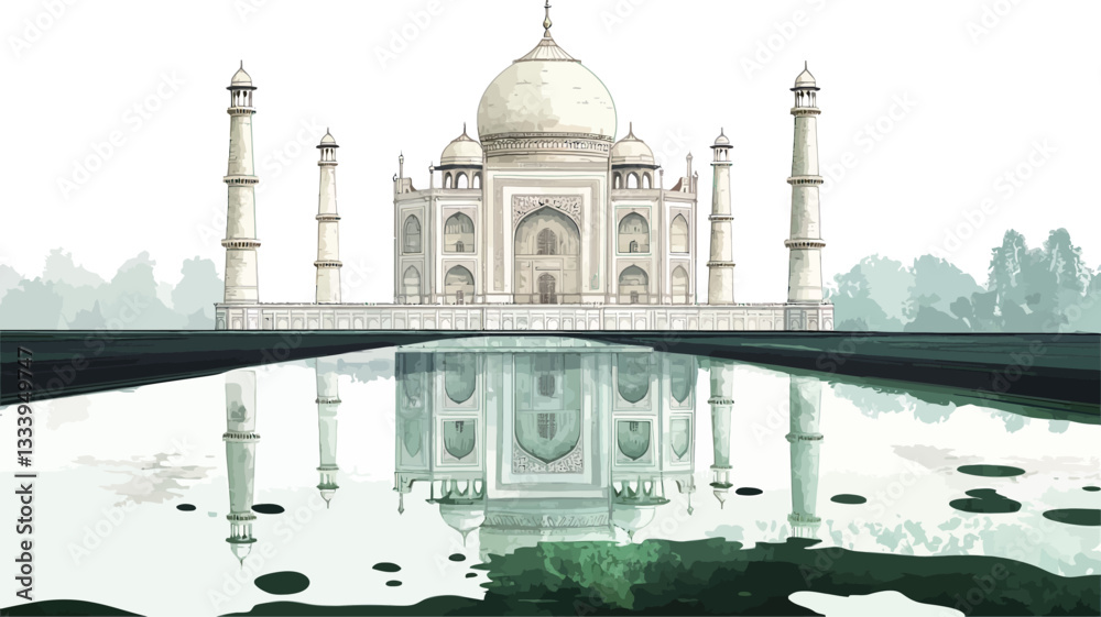 Obraz premium The image depicts a stylized rendering of the Taj Mahal in India. The structure is shown in a light, almost washed-out white color, with a clear reflection mirrored in a body of dark green water
