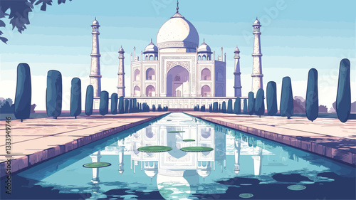A stylized illustration depicting the Taj Mahal in India. The image showcases a symmetrical perspective view of the mausoleum, with a long reflecting pool extending from the viewer's perspective