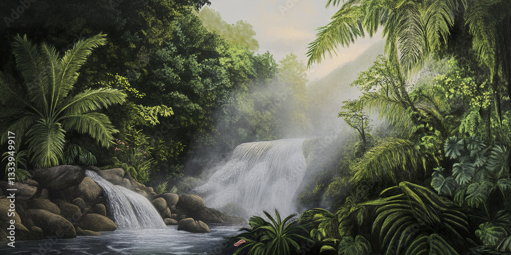 Fototapeta premium Lush tropical waterfall surrounded by dense greenery and mist