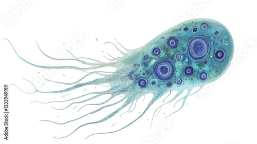 A digital illustration depicts a microscopic organism.  The organism is rendered in shades of light blue and cyan, appearing translucent.  It has an oblong, slightly curved body with numerous thin,