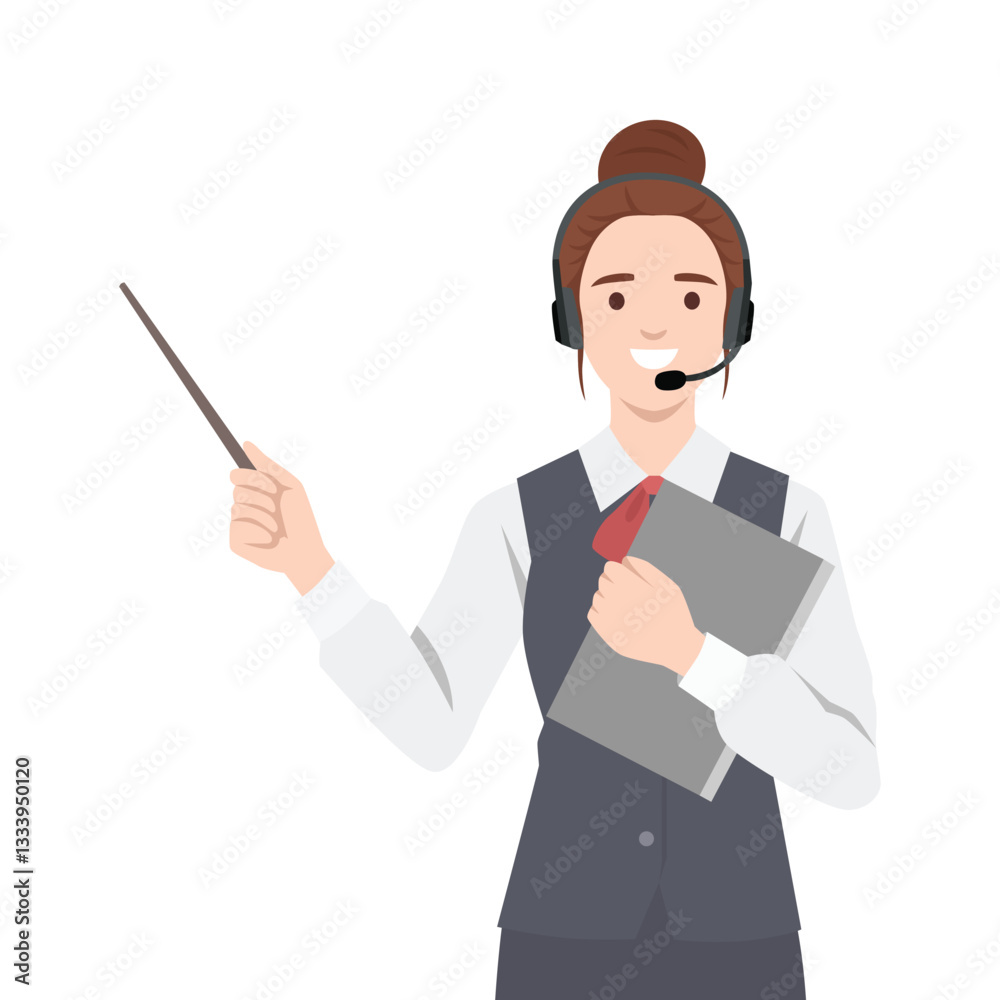 Professional Operator or Instructor Giving a Presentation holds a pointer and a folder. Flat vector illustration isolated on white background Professional Operator or Instructor Giving a Presentation holds a pointer and a folder. Flat vector illustration isolated on white background