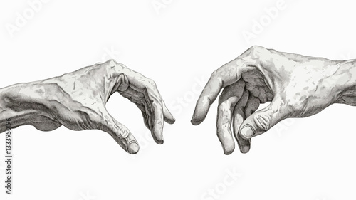 The image is a detailed close-up illustration of two hands reaching towards each other. The style is reminiscent of a pencil sketch or drawing, rendered in grayscale with subtle shading to suggest