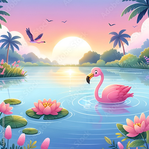 Colorful flamingo swimming among lotus flowers at sunset in a serene tropical landscape.