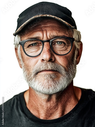 Portrait of a Man with Weathered Face Glasses and Baseball Cap