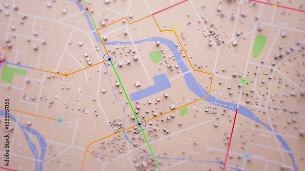 3D rendering of the aerial view of a city map with intersections, navigation lines, and running digit numbers, like a digital travel information hub for transport and technology concept