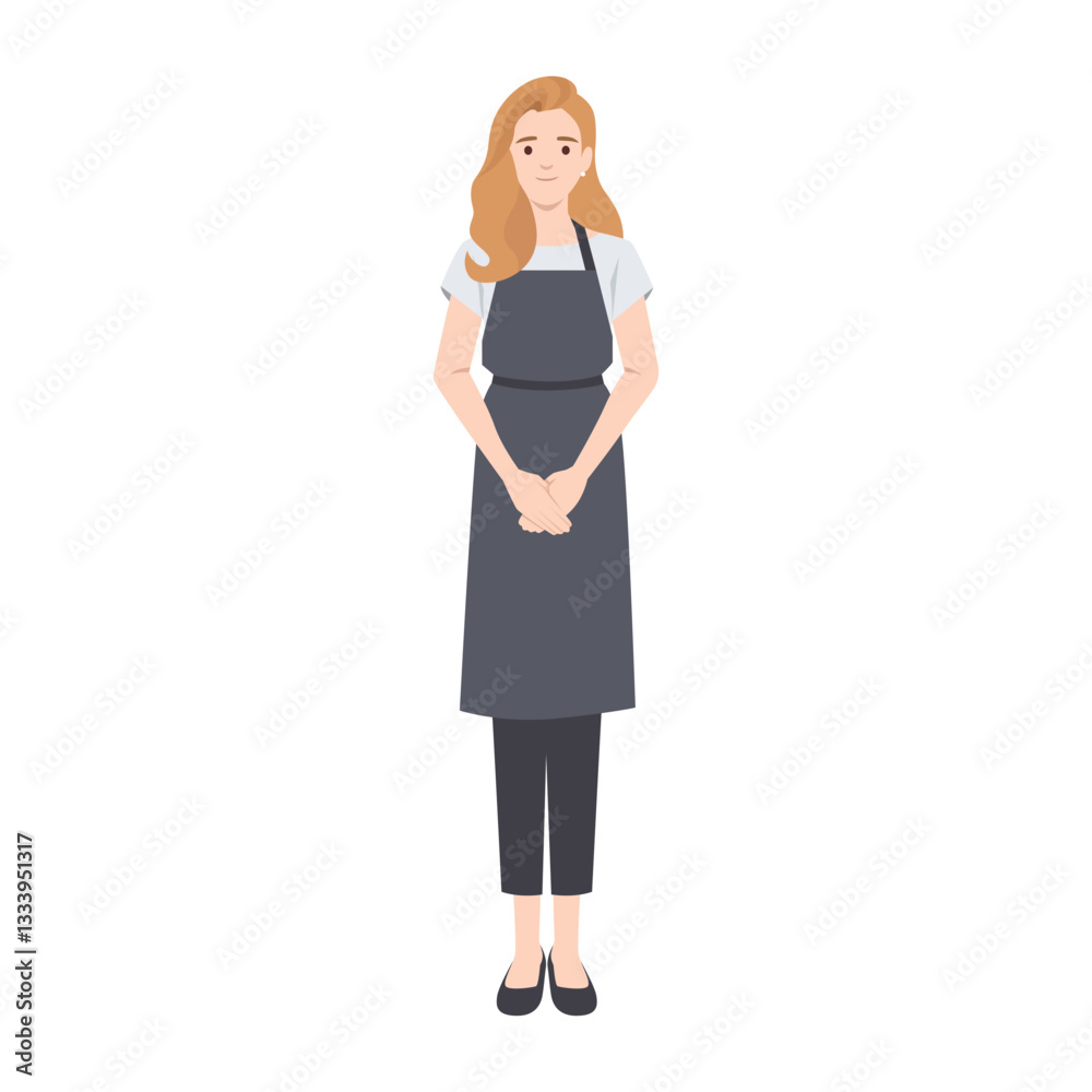 Friendly Cafe Clerk in Uniform stands in a professional uniform, ready to assist customers. Flat vector illustration isolated on white background Friendly Cafe Clerk in Uniform stands in a professional uniform, ready to assist customers. Flat vector illustration isolated on white background