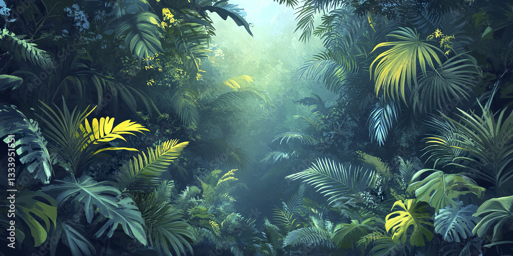 Lush tropical rainforest with dense foliage and sunlight filtering through Lush tropical rainforest with dense foliage and sunlight filtering through