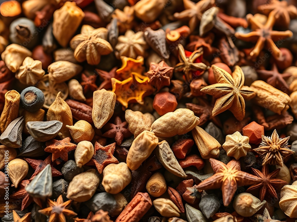 Obraz premium Macro View of Assorted Spices Star Anise, Nutmeg, Seeds, Cloves, Cinnamon, and Herbs.